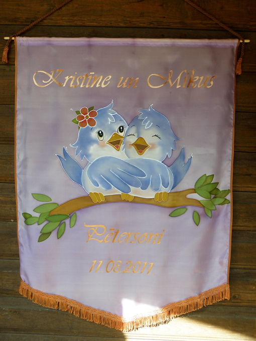 Apgleznots kāzu karogs Zilie putniņi